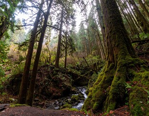 Obraz premium Experience the serene beauty of a mossy forest with towering trees and a peaceful flowing creek