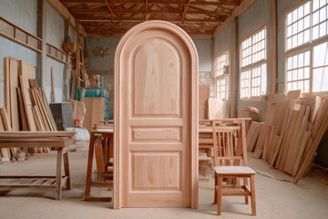 Light-colored wooden door in a carpentry workshop.