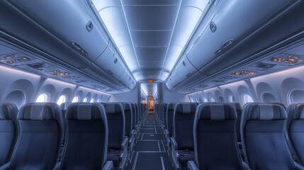 A modern aircraft cabin with comfortable seats and soft lighting &mdash; for articles about travel, advertisements for airlines and travel agencies.