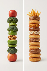Healthy vs Unhealthy Food Concept &ndash; Balanced Tower of Fresh Fruits, Vegetables, Nuts vs Fast Food, Burgers, Donuts, Fries on White Background