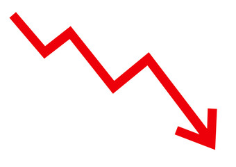 Red downward trending arrow isolated on transparent background representing financial loss or decline