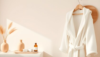 A white bathrobe hangs on a wooden hanger with spa items on a shelf.