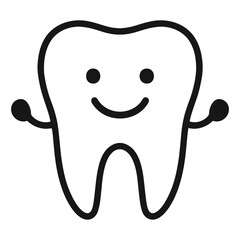 Cartoon tooth with a happy face and arms waving in a simple black and white line drawing style image
