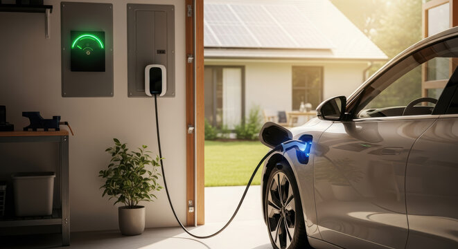 Electric vehicle charging in modern garage with solar panels, showcasing eco-friendly technology and sustainable living, emphasizing energy efficiency and innovation