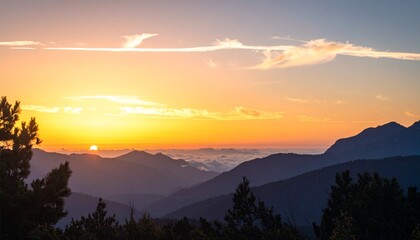 Obraz premium Stunning mountain vista at sunrise, golden sun peaking over clouds and silhouetted peaks.