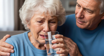 Elderly woman with gray hair, visibly emotional, holding a glass of water while being comforted by a caring man in a cozy indoor setting, showcasing compassion and support