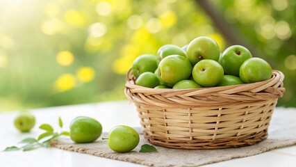Green Jujubes in wicker basket on white surface in garden in natural warm sunlight background
