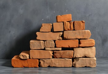 Fototapeta premium Stack of weathered red bricks against a textured gray background, creating a rustic and construction-themed composition.