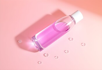 A cosmetic product bottle filled with pink liquid, casting a shadow on a pink surface.