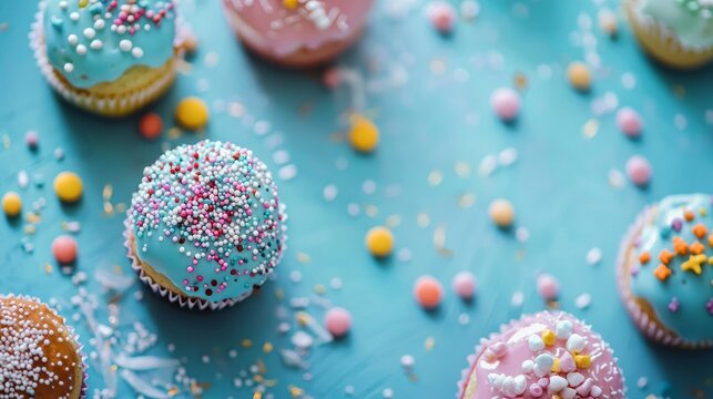 Colorful donuts with sprinkles on turquoise background for dessert confectionery photography concept - Powered by Adobe