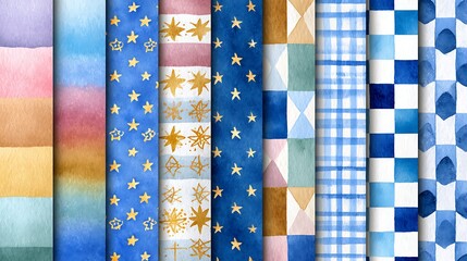Fototapeta premium Vintage Watercolor Patchwork Patterns for Baby Girls in Pastel Colors