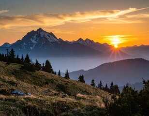 Stunning mountain vista at sunrise with golden rays piercing through mist filled valleys