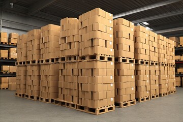 Cardboard boxes stacked high on wooden pallets in a warehouse.