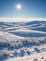 Winter Landscape With Snow-Covered Hills and Frosted Trees Under Clear Sky

