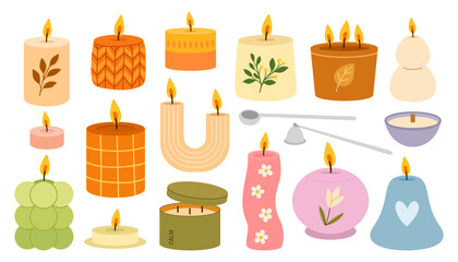 Collection of Decorative Candles in Different Shapes Colors and Styles with Candle Holders Wax Accessories and Cozy Home Decor Elements