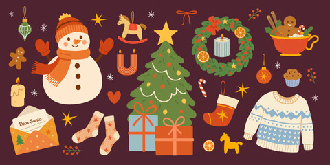 Fototapeta premium Christmas and New Year Elements with Snowman Sweater Cocoa Cup Gingerbread Man Letter to Santa Tree Stockings Toys and Candles Decorations