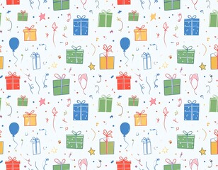 Vibrant birthday celebration pattern with colorful gifts, balloons, and confetti, perfect for party invites
