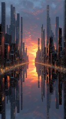 Fototapeta premium Futuristic cityscape sunset skyline, Futuristic cityscape sunset skyline reflection, Futuristic cityscape sunset skyline digital art