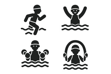 Water aerobics icon set. Aquatic fitness, aqua jogging, hydrotherapy exercises. Man in swimming pool with dumbbells and noodle. Healthy low-impact workout vector symbols.