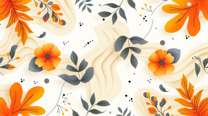 Obraz premium Vibrant floral illustration featuring orange flowers and green leaves on a soft background