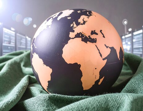 Earth globe resting on a green cloth with server room background