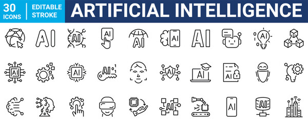 Artificial intelligence web icons in line style. AI technology icons for web and mobile app. Machine learning, digital AI technology, algorithm, smart robotic and cloud computing network