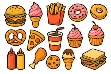 Fast food and dessert collection. Vector cartoon icons set. Burger, pizza, fries, donut, ice cream, sandwich, pretzel and soda drink. Junk food illustration for menu design.