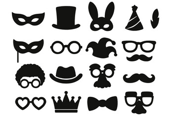 Costume party photo booth props silhouette icon set. Fun carnival masquerade accessories collection. Vector masks, hats, glasses, mustaches, crown and bow tie for celebration.