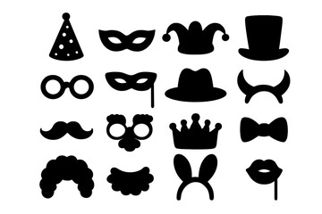 Fototapeta premium Photo booth props silhouette icon set for party and carnival. Fun costume accessories collection. Vector masquerade masks, hats, funny glasses, mustache, crown, lips on stick.