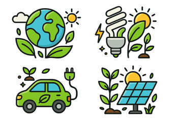 Eco friendly concept icon set. Green energy, planet earth care, solar panel power, electric car, energy saving lightbulb. Sustainability and ecology vector cartoon illustrations.
