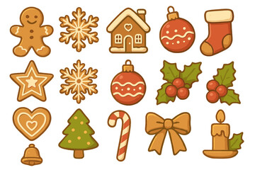 Big set of Christmas winter holiday icons. Cute cartoon vector illustrations of gingerbread man, house, snowflake. Festive elements, tree, candy cane, ornament and stocking.