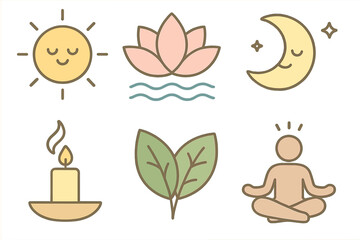 Vector icon set of tranquility and relaxation symbols. Nature inspired design for harmony, yoga, and meditation. Calm cartoon elements: sun, moon, lotus, leaf, and candle.
