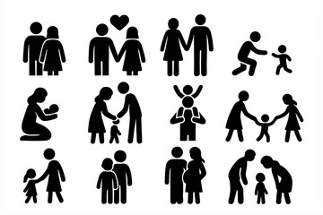 Family and parenting silhouette icon set. Parents, children, and relationships. Couple in love, pregnancy, newborn baby. Father, mother and kids vector pictograms. People.