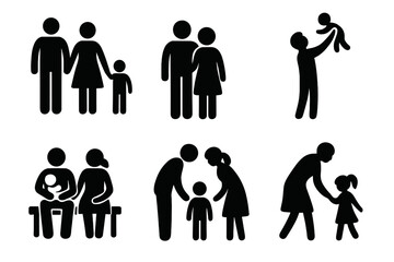 Family silhouette icon set. Household, parenting, and relationship pictograms. Vector collection of people, parents, child, and couple figures. Stick figure illustration.