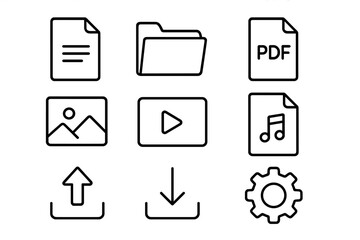 File management line icon set. Document, folder, PDF, and media icons. Includes upload, download, settings gear, photo, video, and music file symbols. Vector pictogram for web or app UI.