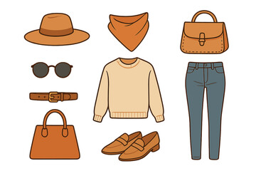 Women's fall fashion outfit set. Casual clothing and accessories collection with sweater, jeans, hat, sunglasses, bags, and shoes. Vector illustration for a capsule wardrobe.