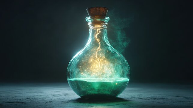 Glowing apothecary bottle, mystical potion, illuminated glass vial, magical elixir isolated on Transparent Background