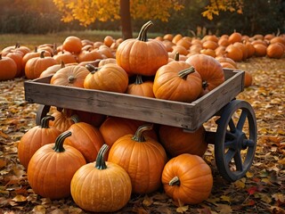 Wooden cart overflowing with pumpkins in autumnal setting