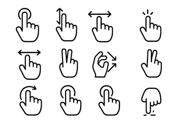 Hand gesture line icon set for touch screen and mobile devices. Vector outline icons for UI and UX design. Collection includes tap, swipe, scroll, zoom, and pinch gestures.