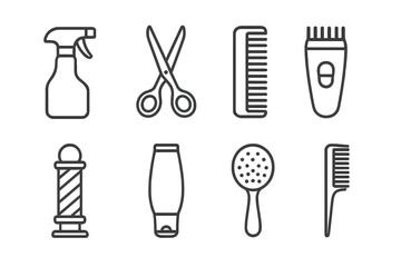 Hairdressing tools and barber equipment outline icon set. Vector collection of salon symbols like scissors, comb, brush, clipper, spray, and barber pole for hairstyling.
