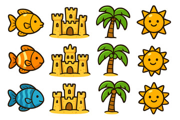 Fototapeta premium Summer beach icon set. Cute cartoon fish, sandcastle, palm tree, and sun symbols for vacation design. Tropical sea travel vector elements. Colorful graphic illustration.