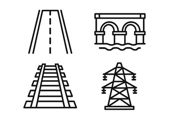 Infrastructure and transportation line icon set. Road, highway, bridge, railway tracks, and power line pylon. Urban development, transport logistics, and energy concept.