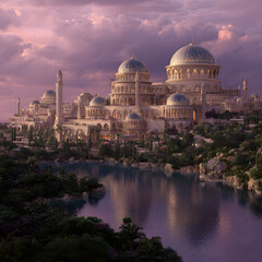 Fototapeta premium Glowing Fantasy Mosque with Golden Domes by the River