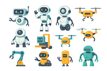 Robot and drone character set. Vector collection of cute modern robots, androids, and quadcopters. Automation technology, AI, and futuristic industrial concepts. Cartoon mascot icons.