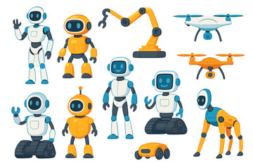 Colorful collection of various cute robots, androids, and drones. Vector set showcasing automation technology, AI, and futuristic robotics. Modern cartoon characters isolated.