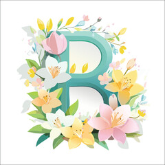 letter B wreathe with pastel flowers, like lily, tulip orchids and leaves, realistic style and minimal not too many