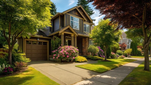 A beautiful two-story house with a well-maintained front yard, surrounded by trees and flowers in a suburban neighborhood.