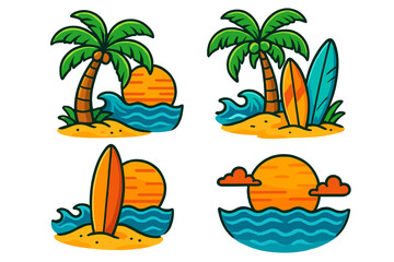 Tropical beach summer vacation icon set. Cartoon vector illustration of palm tree, ocean waves, sunset and surfboards. Paradise island logo concept for surfing holiday.