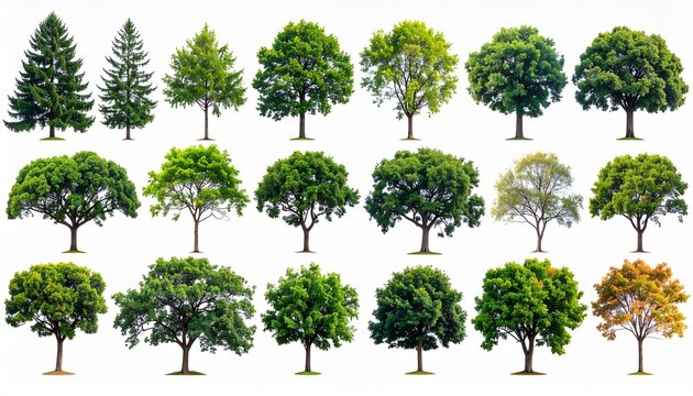 A diverse collection of various trees isolated on a clean white background, showcasing different species for nature and ecology concepts - Powered by Adobe
