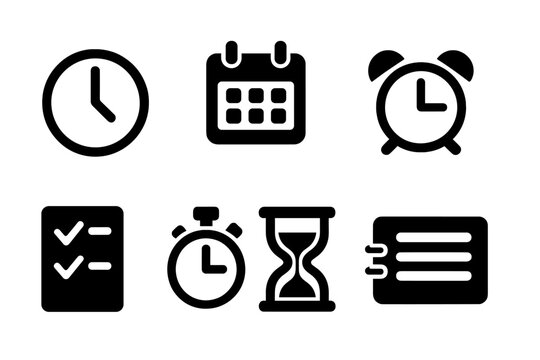 Time management vector icons set. Solid filled icons of clock, calendar, alarm, checklist, stopwatch, hourglass, planner. Productivity, deadline, organization, reminder, schedule, agenda, planning